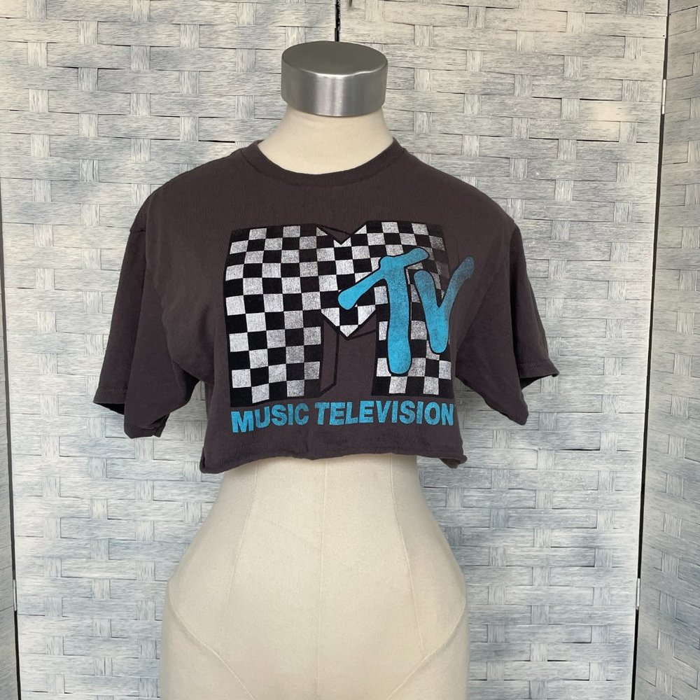 MTV Graphic Tee Cropped Top Checker Mtv Logo Brownish/Gray size M - Picture 1 of 5
